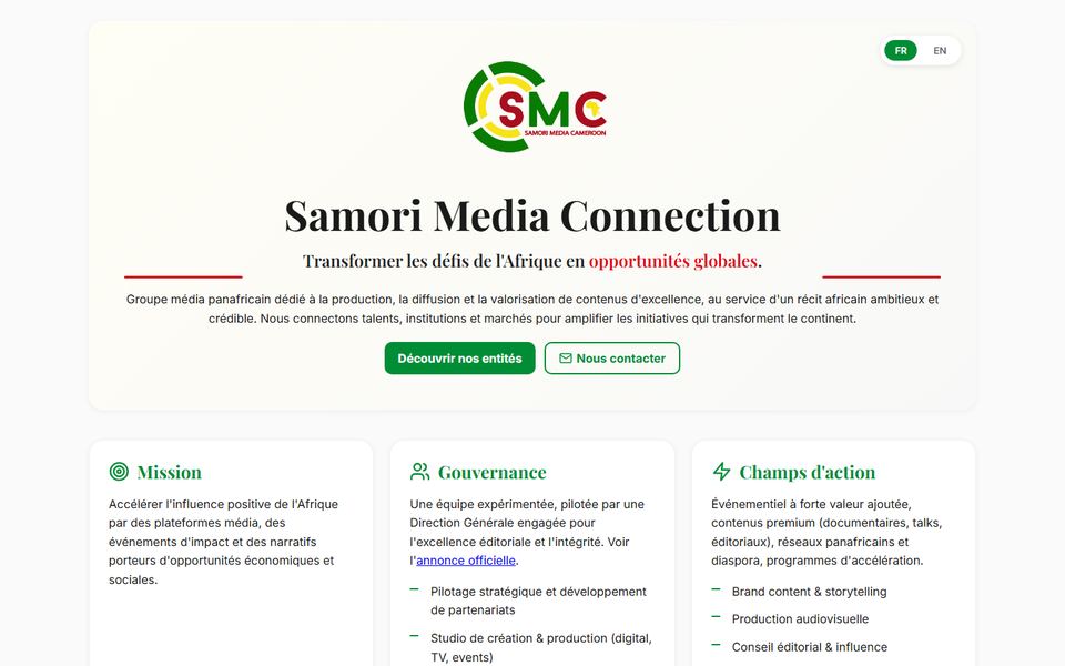 Page d'accueil de Samori Media Connection